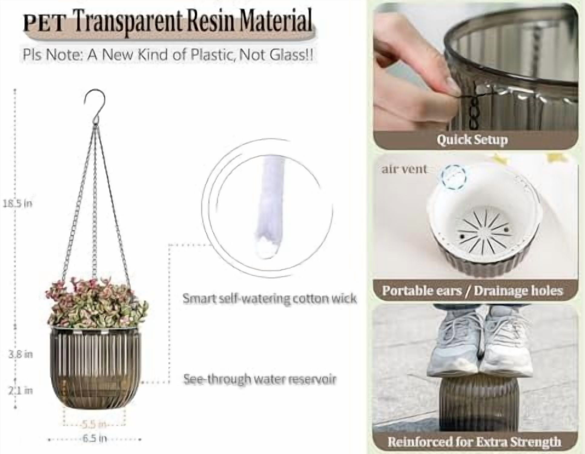2 Pack Self Watering Hanging Planters Indoor Flower Pots, 6.5 Inch Outdoor Hanging Plant Pot Basket, Plant Hanger with 3Hooks Drainage Holes for Garden Home (Gray)