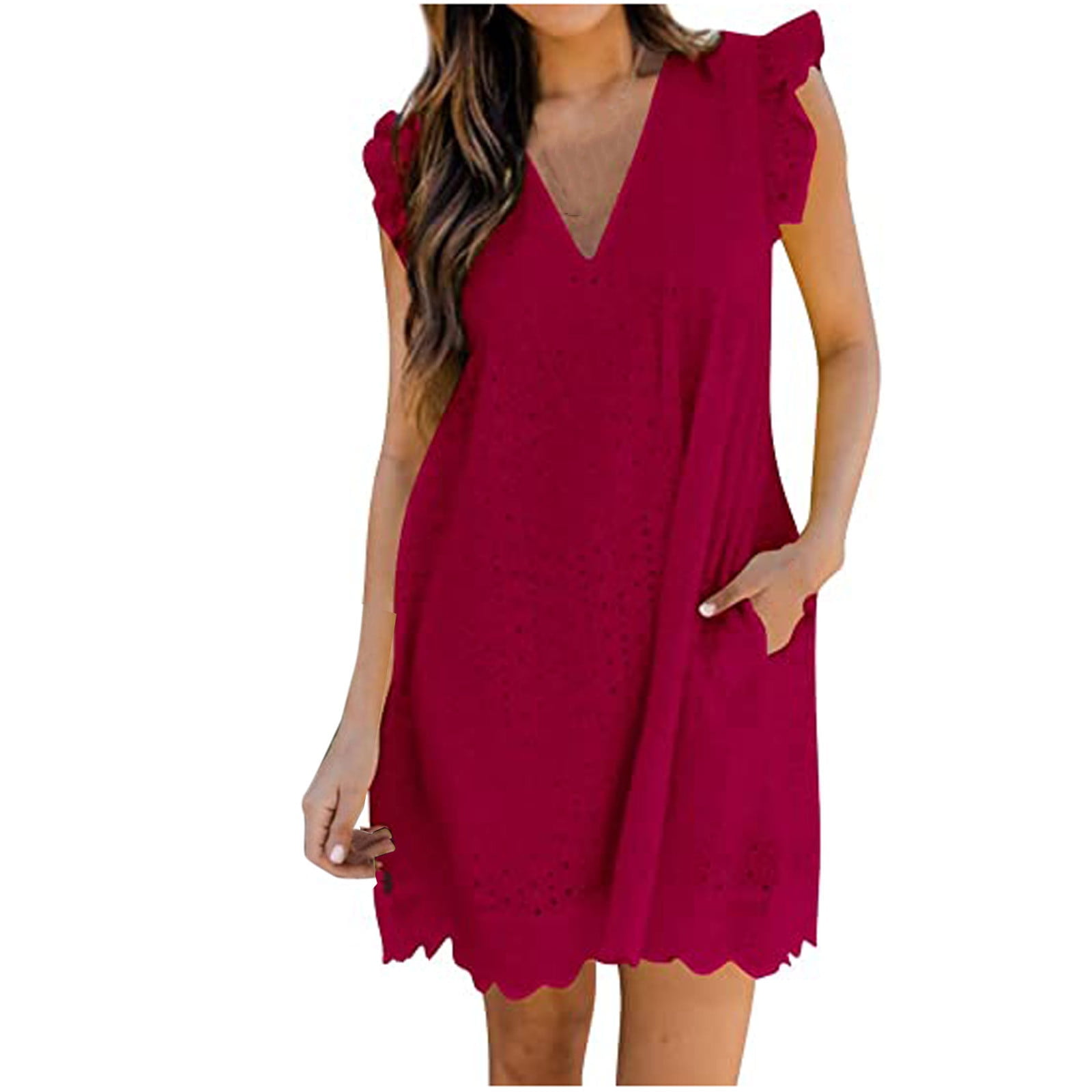 Women Summer Lace Eyelet Rompers Sexy Deep V Neck Cap Sleeve Ruffle Hem Pleated Jumpsuit Solid