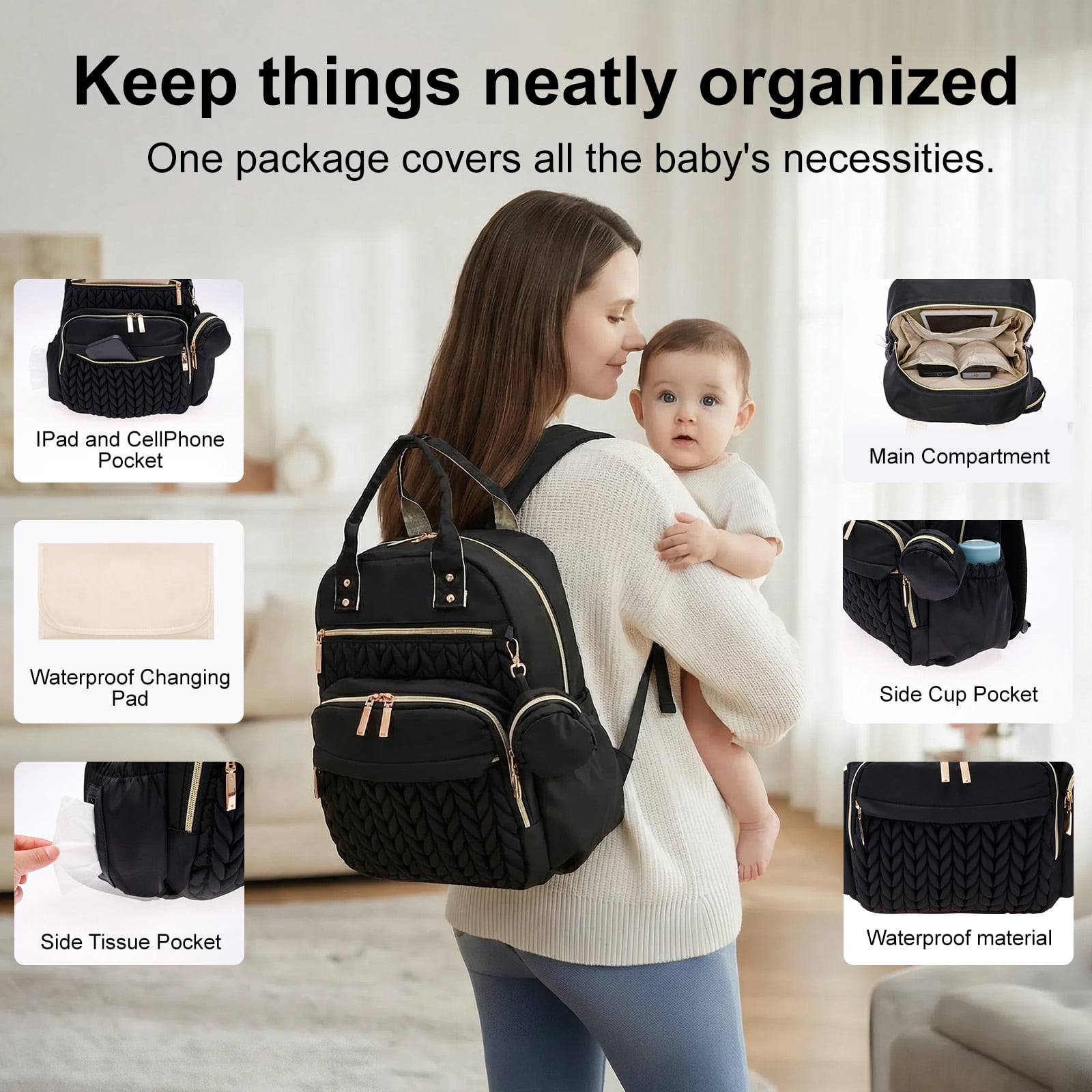 Threns Baby Diaper Bag Backpack, Baby Essentials Tote Bag with Changing Pad and Stroller Straps, Multi Function Travel Diaper Backpack for Moms and Dads, Black