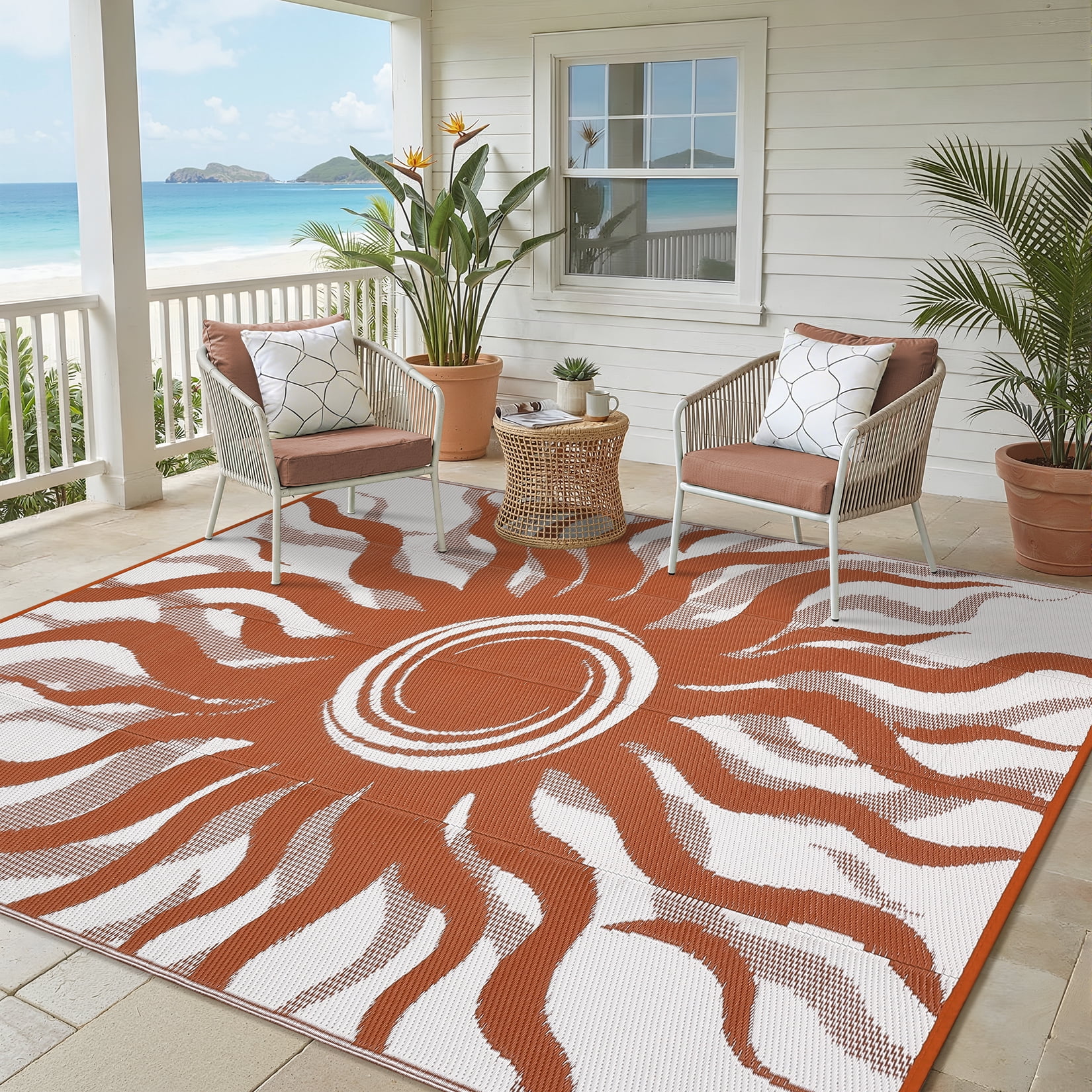 Garvee 8x10ft Outdoor Rug Waterproof Reversible Plastic Straw Rug, Modern Boho Sun Pattern Rug, Large RV Camping Mat Portable Outdoor Carpet for Patio, Balcony, Picnic, Beach, Deck, Red/White