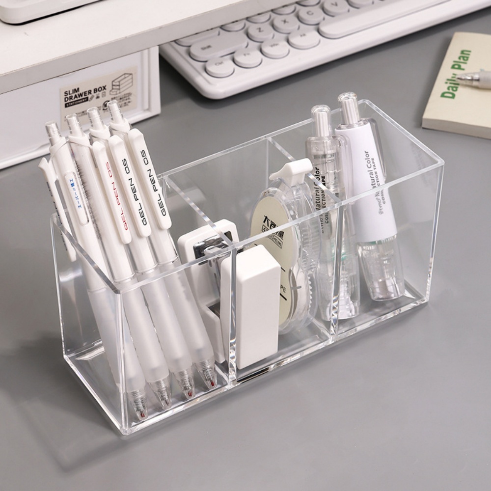 6-Pack Clear Acrylic Pen Holders - 3 Compartments, Desk Organizer For School & Office