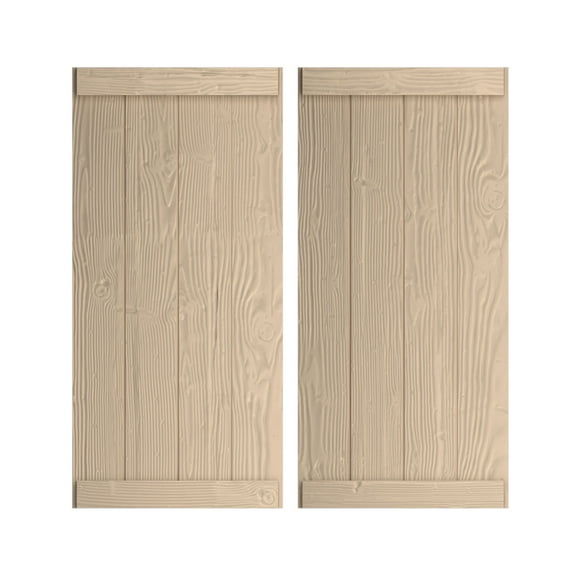 Ekena Millwork 22"W x 48"H Rustic Four Board Joined Board-n-Batten Sandblasted Faux Wood Shutters w/End Batten (Per Pair), Primed Tan