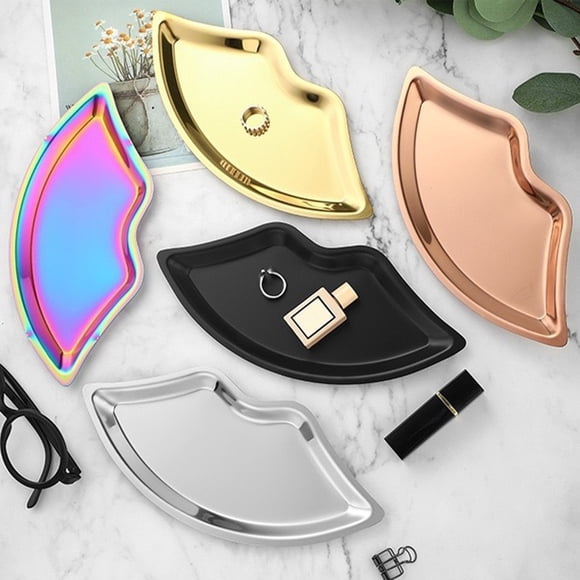Bandeja de joyería en forma de labio de acero inoxidable, 9.45x4.33 pulgadas, organizador cosmético decorativo para dormitorio, baño, cocina, 1 pieza, 4 colores disponibles, bandeja de