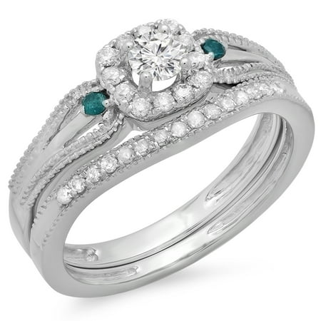 Dazzlingrock Collection 0.50 Carat (ctw) 10K Round White & Blue Diamond Ladies Halo Bridal Ring Set 1/2 CT, White Gold, Size 8