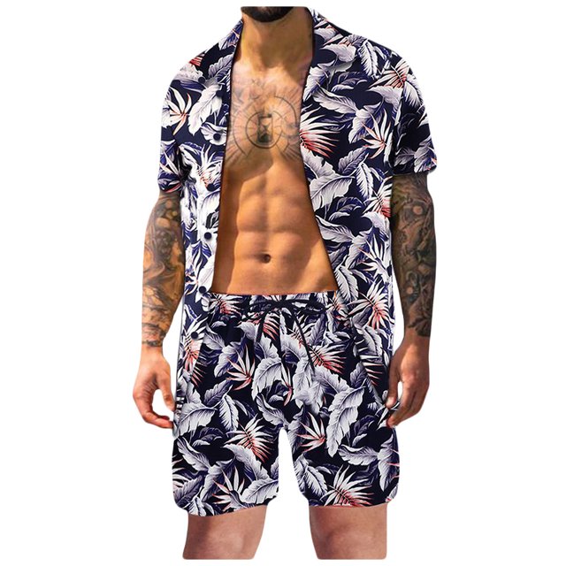 Conjunto casual de blusa y pantalones de playa de manga corta con estampado de botones para hombre Pompotops oipoqjl36175