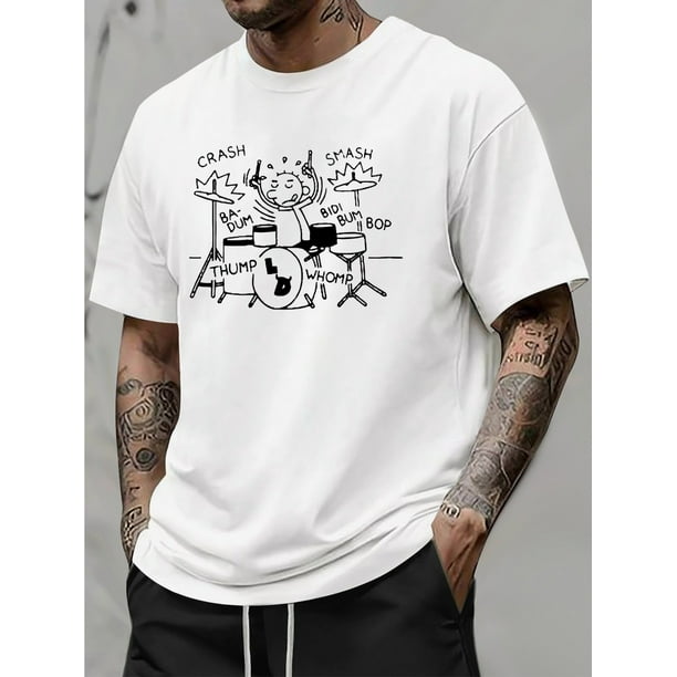 Men's Passion Drummer Graphic T-Shirt - Casual Streetwear Style with "CRASH" & Music-Themed Print, Soft Cotton Blend, Comfortable Summer Tee for Couples or Music Lovers, Summer Casual W