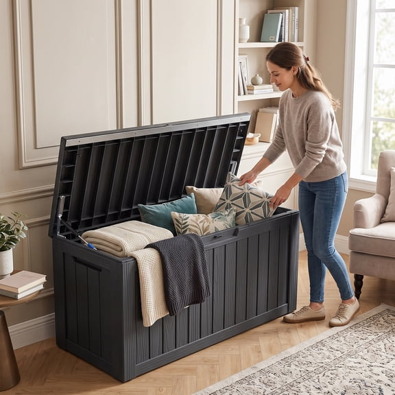 Yardgrace 80 Gal Deck Box, Outdoor Storage Box Waterproof Lockable, UV Resistant, Resin, for Patio Furniture Cushion, Garden Tool, Black