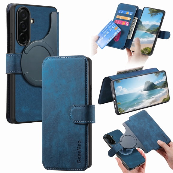 Wallet Case for Samsung Galaxy A17 5G Cash Credit Pocket Card Slots Holder Folio Flip Shockproof Anti-fall Full Coverage Detachable Magnetic Cover [Compatible with Magsafe] Kickstand,Blue