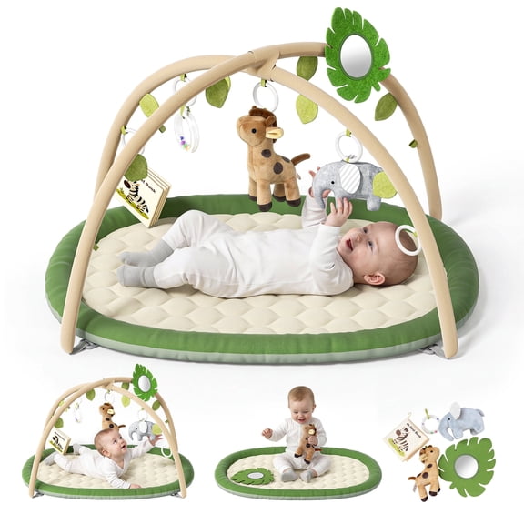 Babyomi Thickened Baby Play Gym and Activity Mat, Washable Tummy Time Mat with Detachable Sensory Toys & Cards Promote Motor Skills, Non Slip Mat for Infant Gift,Green