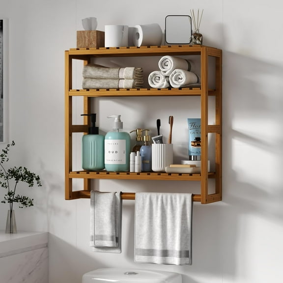 Over The Toilet Storage Bathroom Shelves Wall Mounted 3 Tier Space Saver Corner Shelf Organizer Bamboo Towel Rack Toilet Paper Cabinet with Hanging Rod Brown