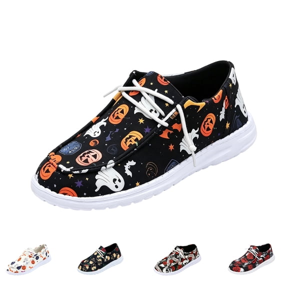 Elastic Lace Up Flat Low Top Casual Sneakers For Women Halloween Ghost Pumpkin Print Canvas Holiday Walking Footwear White 38