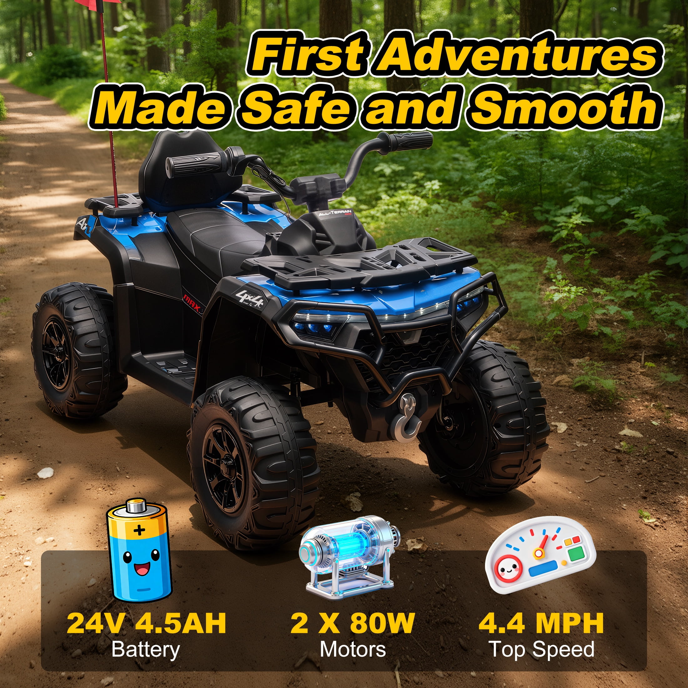 iRerts 24V Ride on ATV, Powered Ride on Toys Kids 4 Wheeler for Boys Girls Ages 3-6 Gifts, Kids Ride on Car Electric Vehicle with Bluetooth, Music, USB Port, Multi-Color Lights, Blue