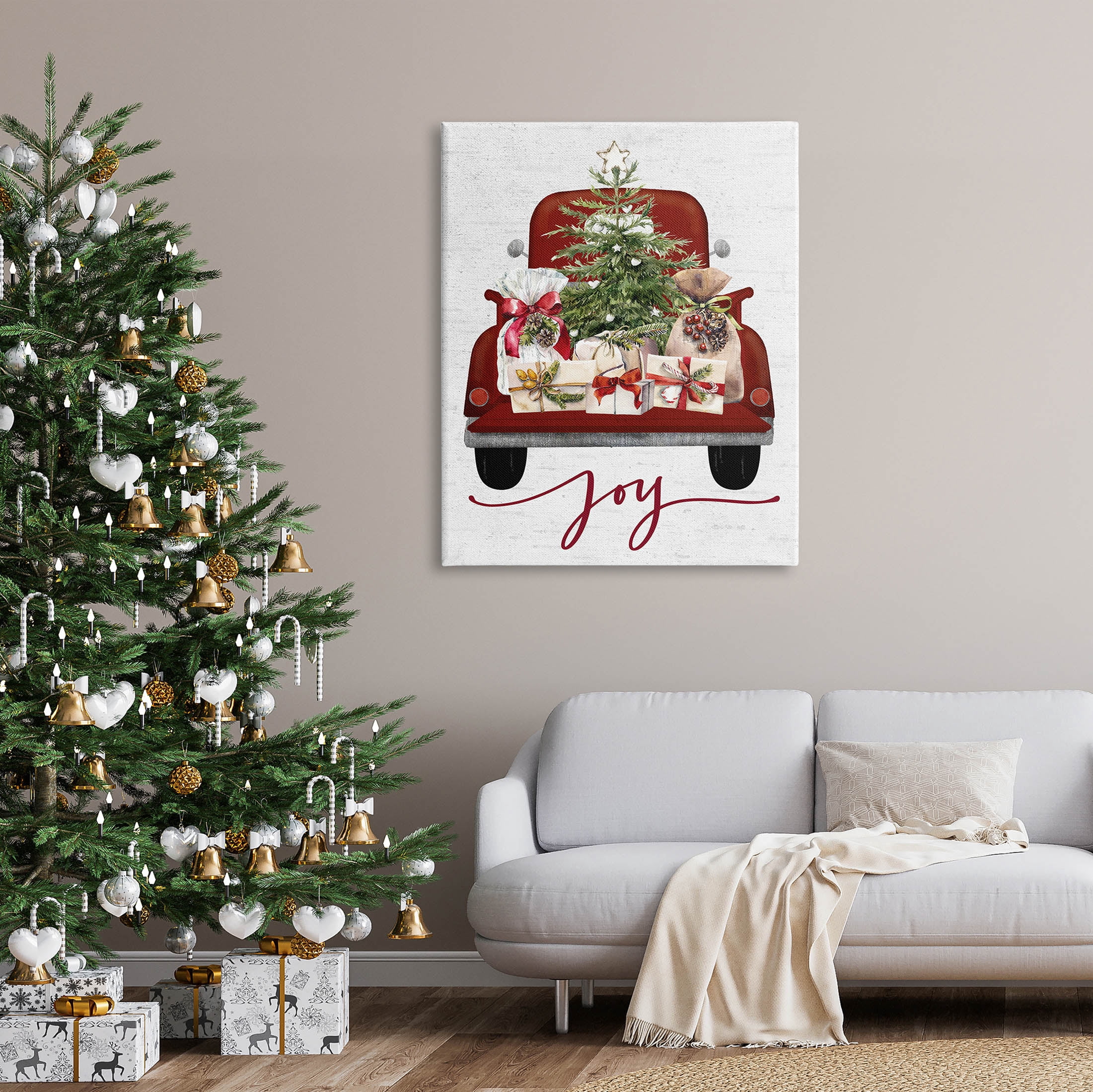 Stupell Industries Joy Holiday Red Gift Truck Graphic Art Gallery Wrapped Canvas Print Wall Art, Design by Lettered and Lined