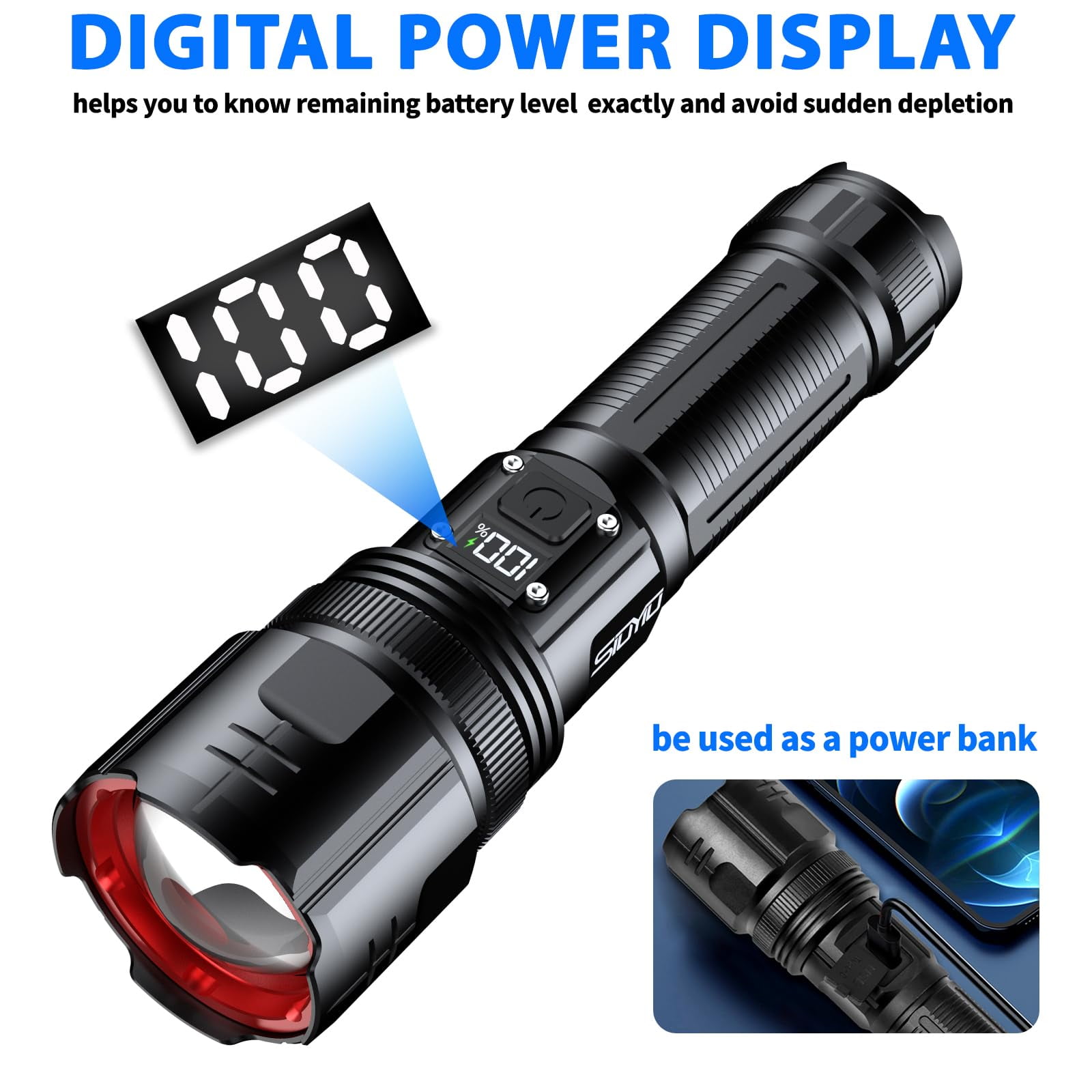 Genwiss 2000 Lumens Rechargeable Flashlight with Digital Power Display, Tactical, Zoomable, 4 Modes