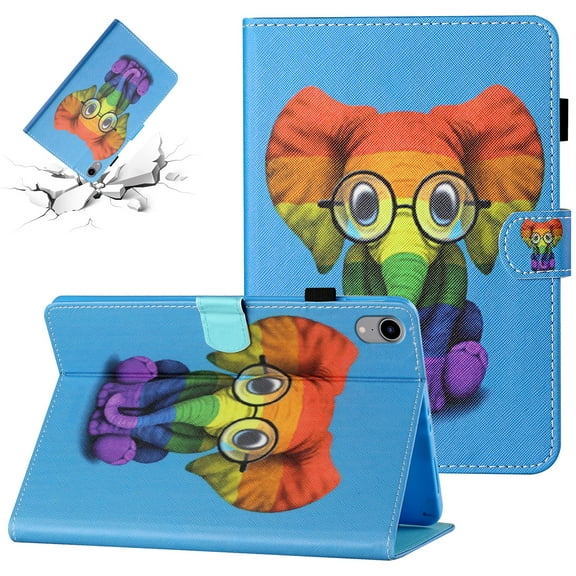 SaniMore Full Protective Case for iPad 10th Generation 10.9" 2022, PU Leather Case Magnetic Clasp Card Slot Pen Holder Anti-slip Strip Auto Wake/Sleep Stand Shockproof TPU Shell, Colorful Elephant