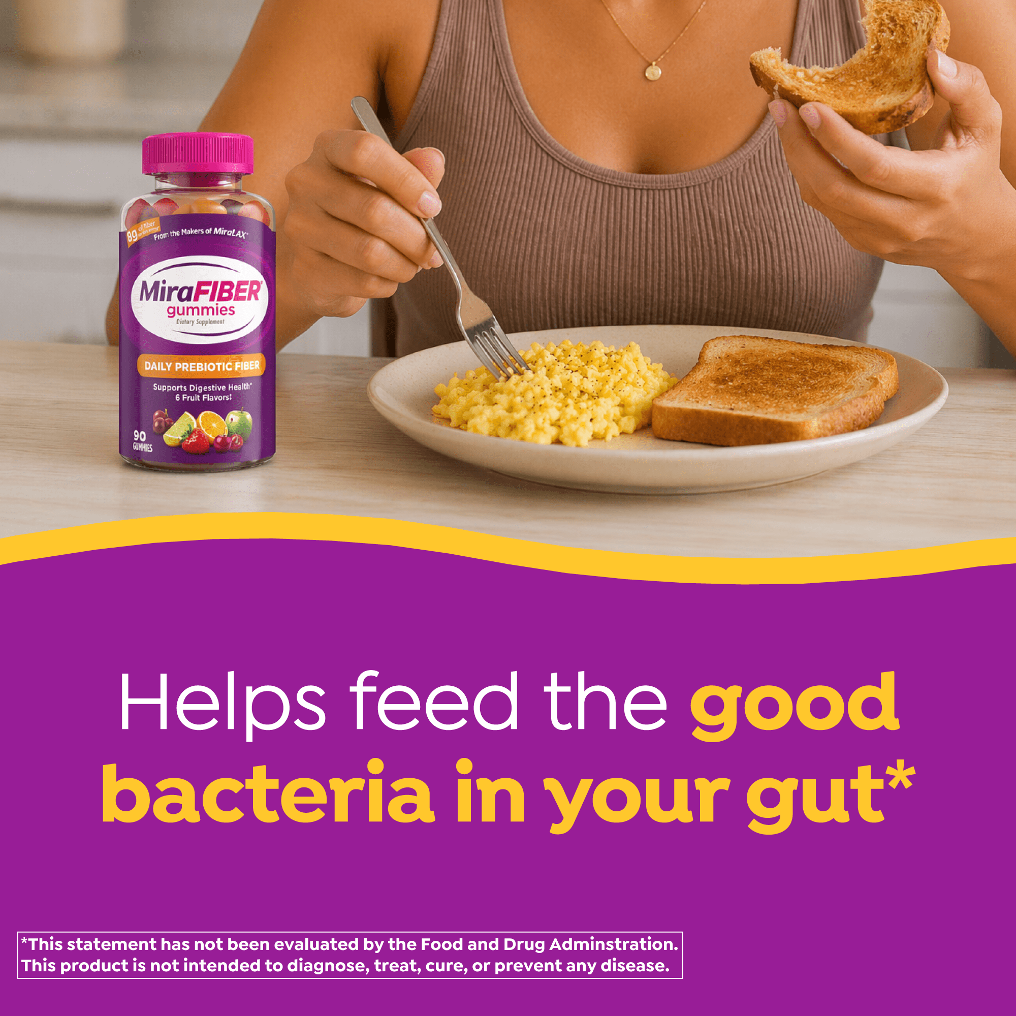 MiraFIBER Daily Prebiotic Fiber Gummies, From The Makers of MiraLAX, 8g Per Adult Serving, Gut Health with Prebiotic Fiber, Gummies for Adults & Children 4+, Mixed Fruit Flavor, 90 Count