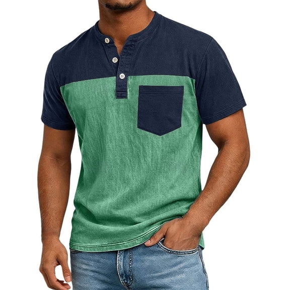 USNSM Men's Henley Shirts Short Sleeve Button T-Shirts Casual Summer Classic Pocket Color Block Pullover Tee Tops Green XXL