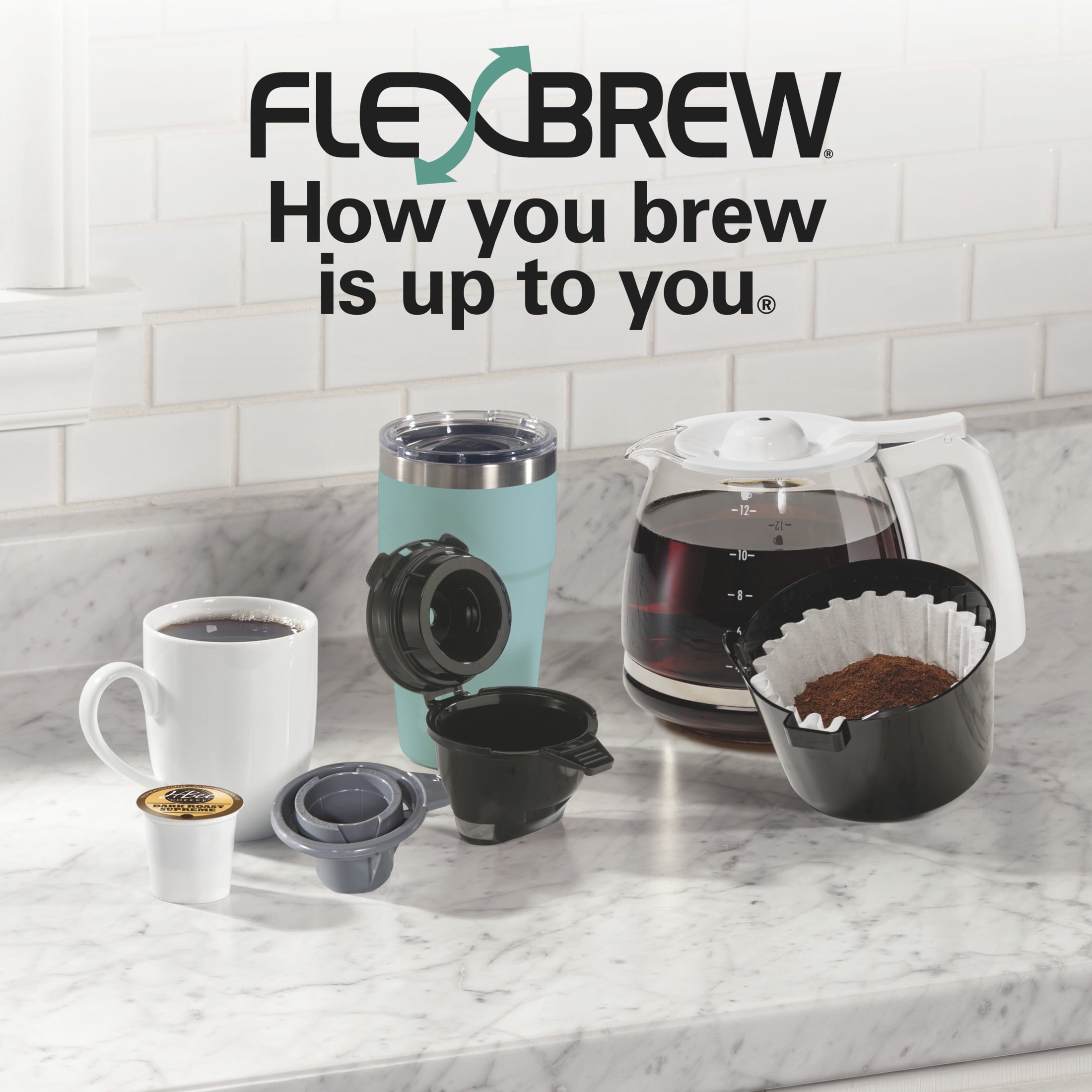 Hamilton Beach FlexBrew Coffee Maker, K Cup Pod Compatible Single Serve Coffee Maker & 12-Cup Coffee Pot, White