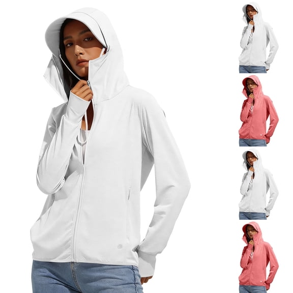 FRSASU Women's UPF 50 Sun Protection Hoodie Jacket Lightweight Long Sleeve Sun Shirt UV Hoodie with Pocket White-A