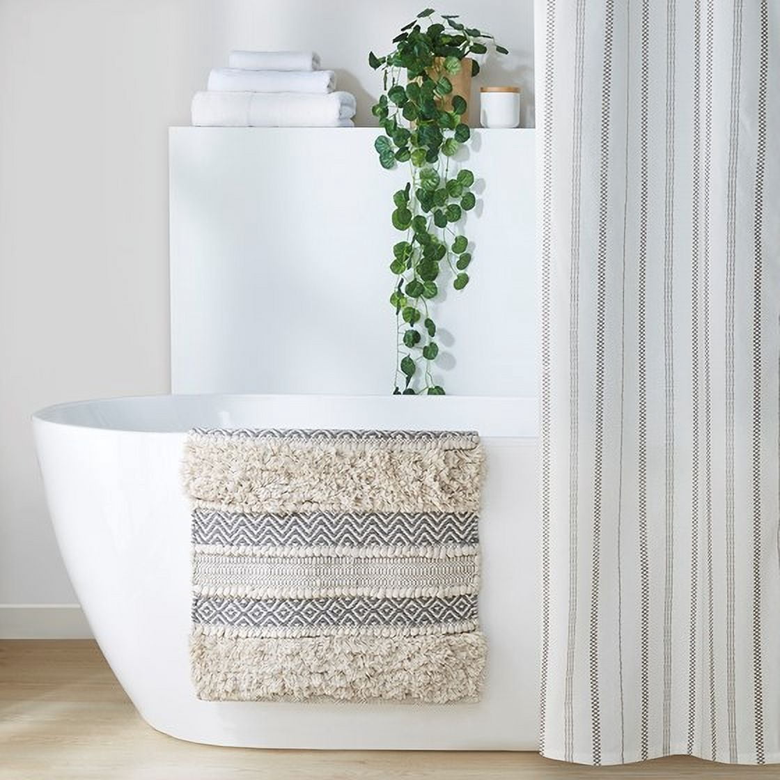 Woven Texture Stripe Bath Rug 22x58 Inches Grey, INK+IVY Asher Boho Hand-Woven Bathroom Runner Rug, Non-Slip Latex Backing Machine Washable for Bathroom Decor