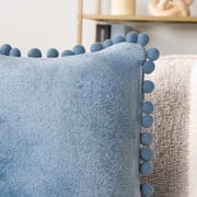PAVILIA Dusty Blue Throw Pillow Covers with Pom Pom 18x18 Set of 2, Decorative Pillow Cases for Bedroom Aesthetic, Small Throw Pillows Set for Bed, Velvet Euro Plush Cushion Covers for Sofa Couch