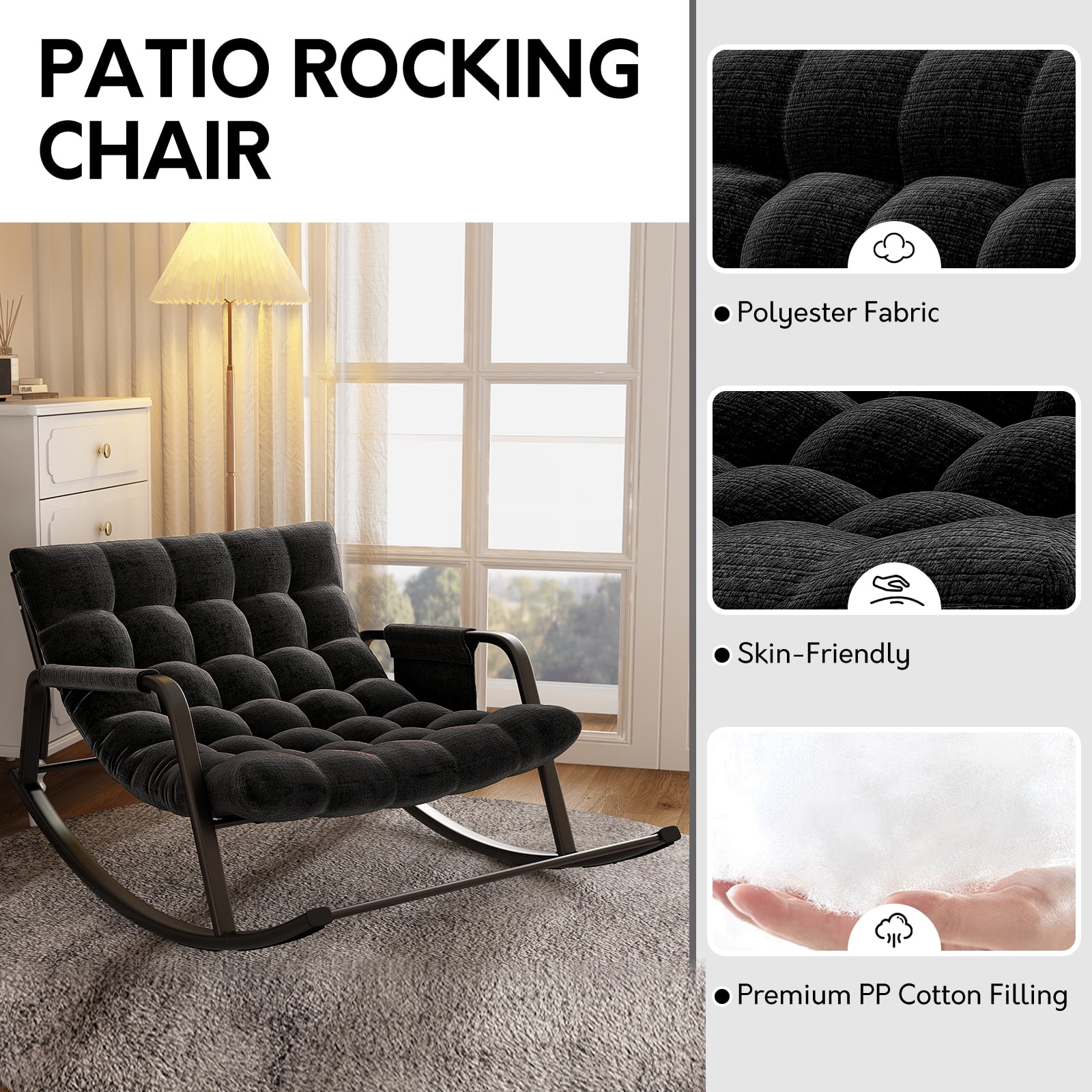 HomeZeer Indoor Rocking Chair with Cushion, Modern Grand Papasan Rocker Chairs, Oversize Papasan Recliner Chair for Living Room, Bedroom, Study Room, Black