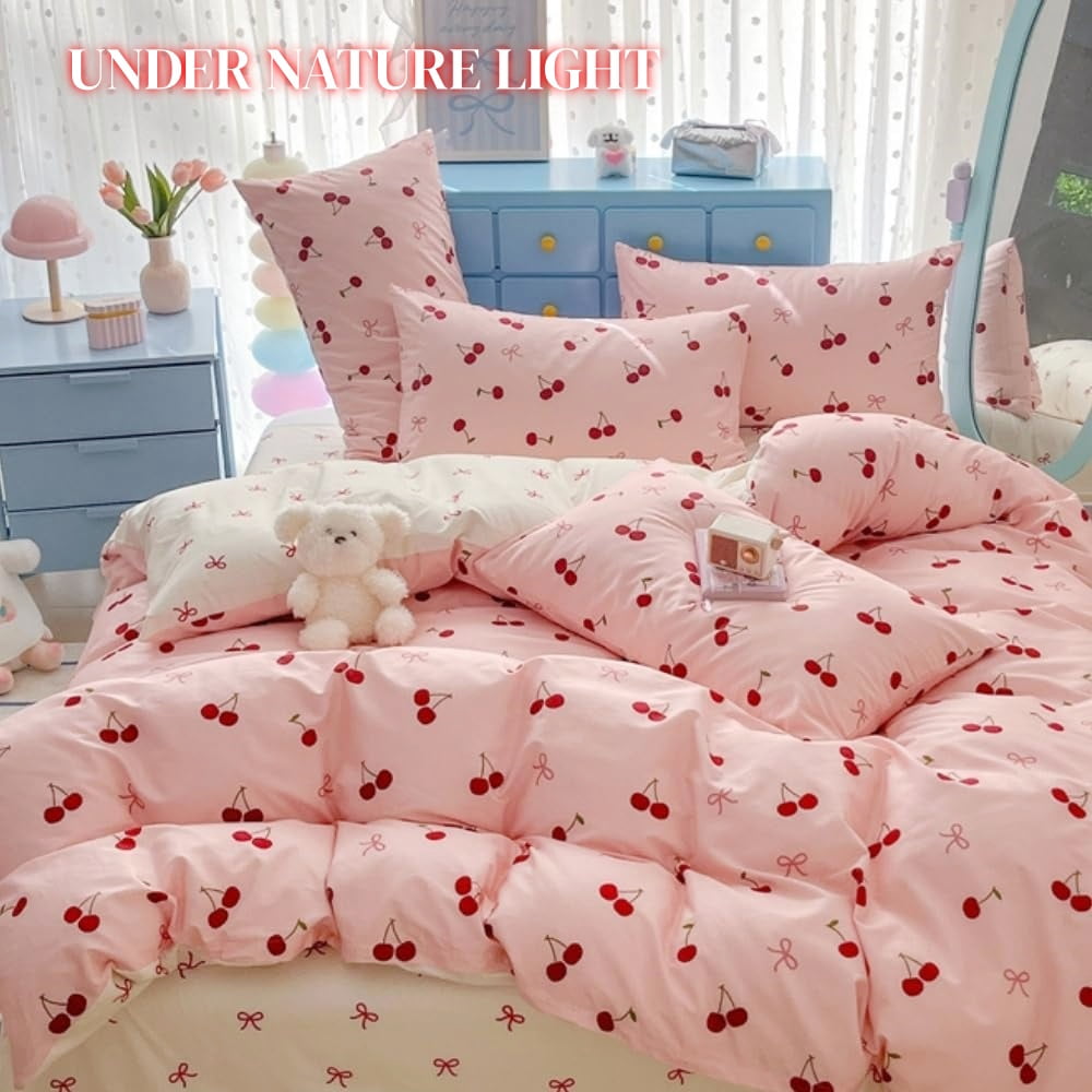 JOLUSERE 2-Piece Red Cherries with Pink Bows Comforter Twin Set , Soft Aesthetic Cherry Pattern Bedding Set for Kids Adults