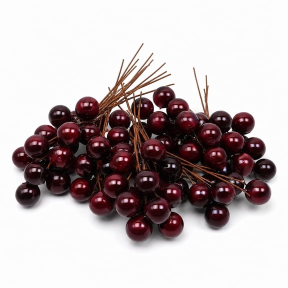 stcellnmex Artificial Holly Berries 100 Pieces Mini 10 mm Fake Berries on Wire for Christmas Tree Decorations Flower Wreath DIY Craft Dark Red