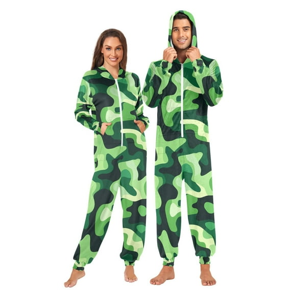 FORMRS Onesies Pajama for Adults Unisex Hoodie Winter Jumpsuit One Piece Sleepwear, Sizes S-2XL, Green Camouflage Pattern