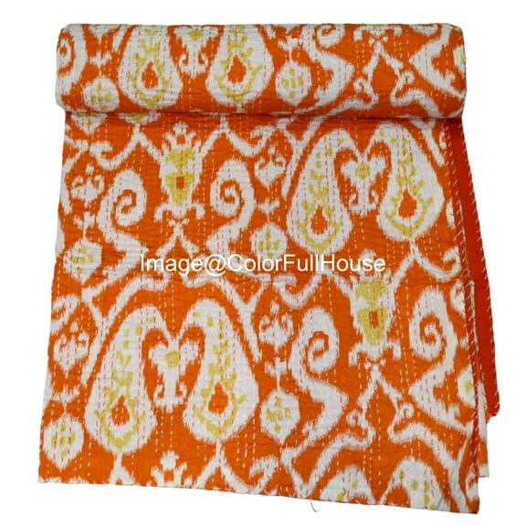 Handmade Kantha Quilt, Ikat Pattern with Colorfull Accents, Traditional Indian Blanket, Bedspread ( Single 60" x 90" )