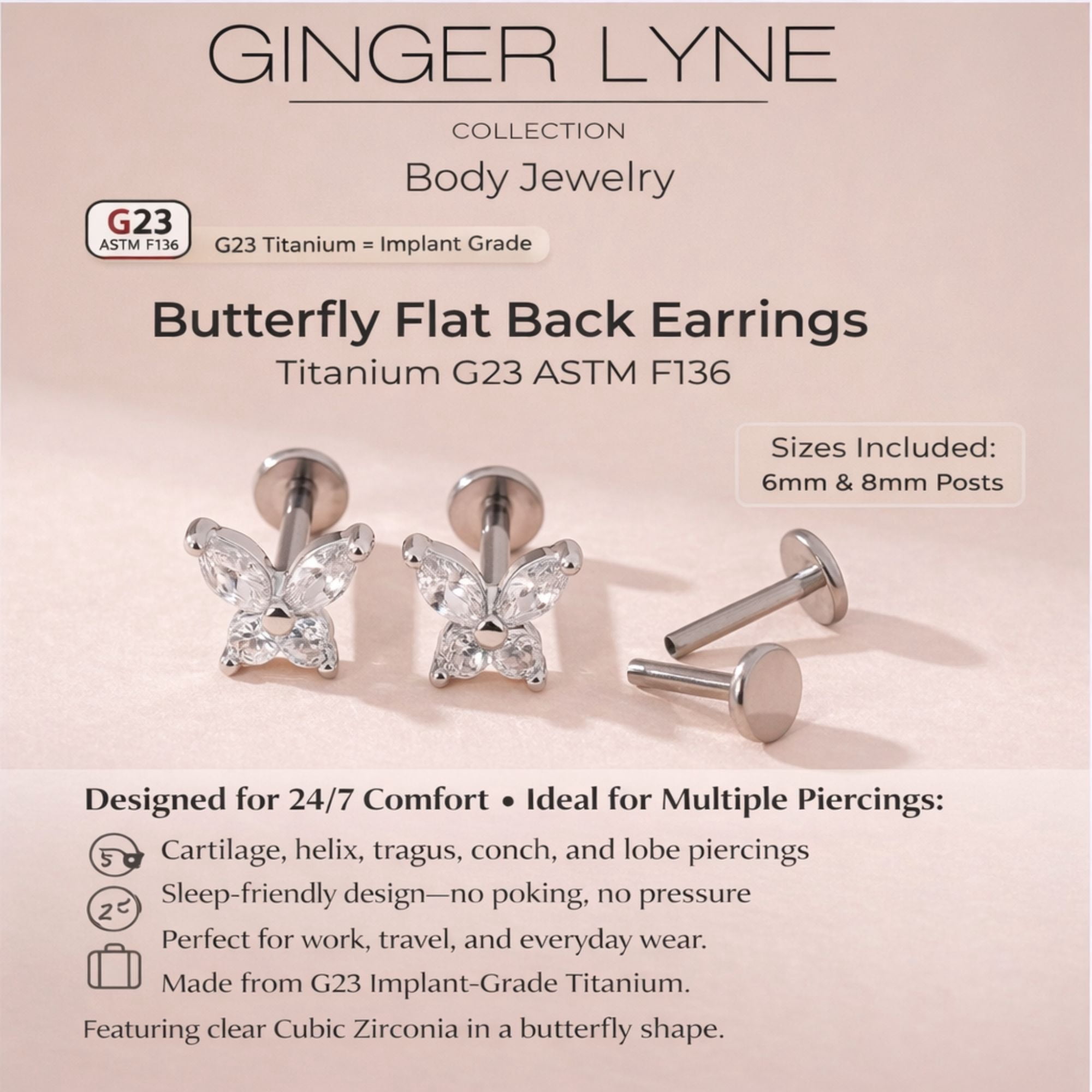 Small Butterfly CZ Solitaire Flat Back Stud Earrings Titanium Body Piercings by Ginger Lyne 2 Sets Post 6mm 8mm