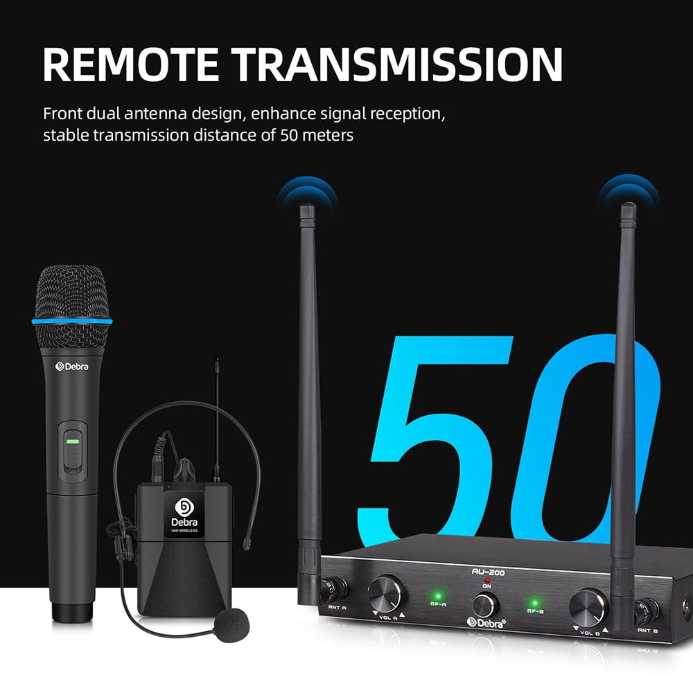 D Debra Audio AU200 Pro UHF 2 Channel Wireless Microphone System with Cordless Handheld Lavalier Headset Mics, Metal Receiver, Ideal for Karaoke Church Party (2 Bodypack)
