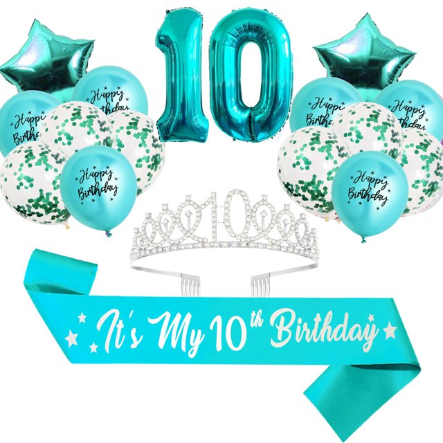 Set de decoración de cumpleaños, faja con purpurina, globos en forma de corona, color verde azulado