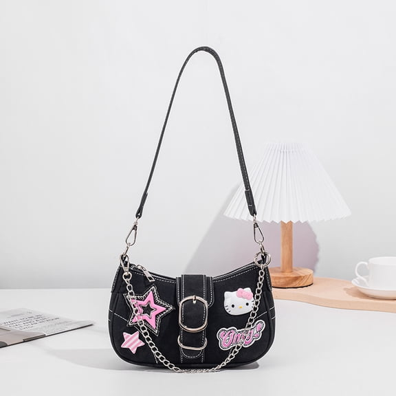 Y2K Hello Kitty Shoulder Bag,Cute Pink Star Embroidered Baguette Bag, Vintage Aesthetic Chain Crossbody Purse for Women