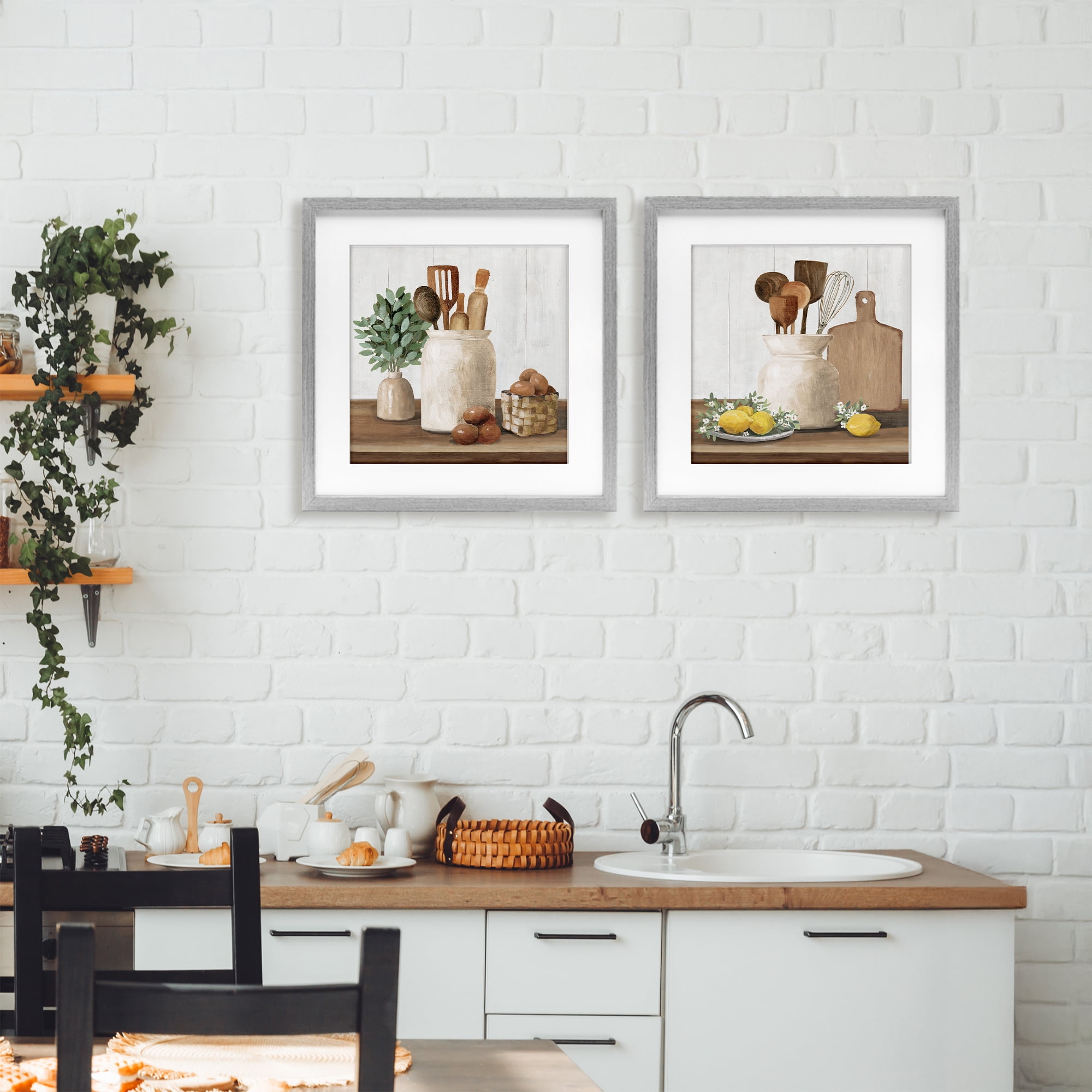 Stupell Industries Country Kitchen Setup 2 Piece Gray Framed Print Under Glass Set, design by White Ladder