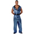 thumbnail image 7 of TiaoBug Men's Retro 70s Outfit Disco Dance Jumpsuit Sleeveless Shiny Metallic V-Neck Bodysuit Clubwear Blue L, 7 of 7