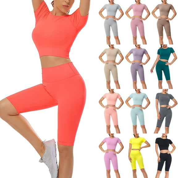 Hpapadks Workout Sets for Women 2 Piece Outdoor Running Fitness Wear Tight Quick Dry Short Sleeve Solid Crop Tops Shorts Yoga Set Yoga Outfits for Women Black L