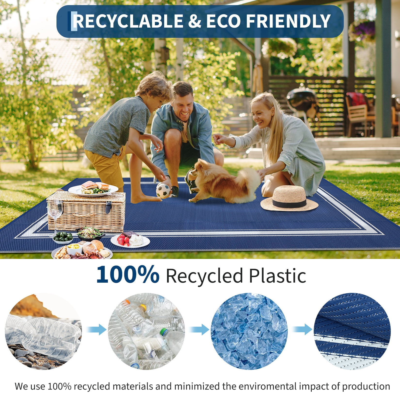 Outdoor Rugs 8x10 for Patio Waterproof Floor Mats Modern Bordered Plastic Straw Large Area Rugs Lightweight Reversible Mat Carpet for RV Backyard Balcony Porch Blue/White