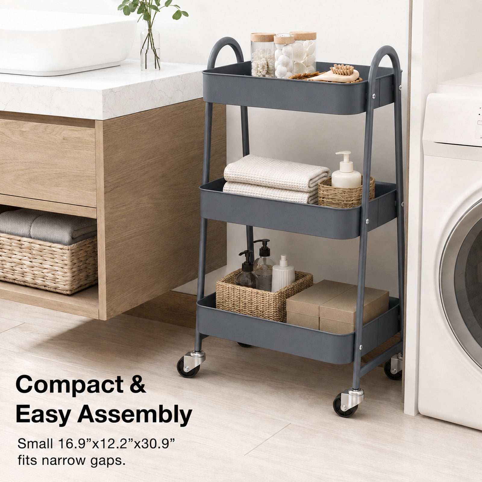 Alvantor 3-Tier Rolling Cart, Metal Rolling Utility Cart with Lockable Wheels, Multi-Functional Heavy Duty Storage Cart Organizer for Bathroom, Kitchen, Living Room, Office