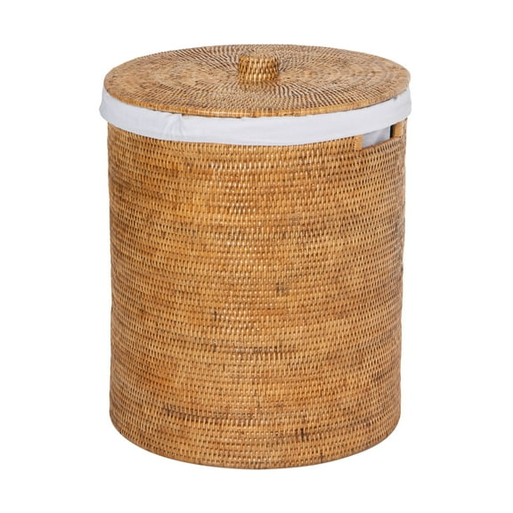 Kouboo Loma Round Rattan Hamper And Laundry Basket With Removable Liner, Handmade Wicker Laundry Basket With Lid, Honey Brown