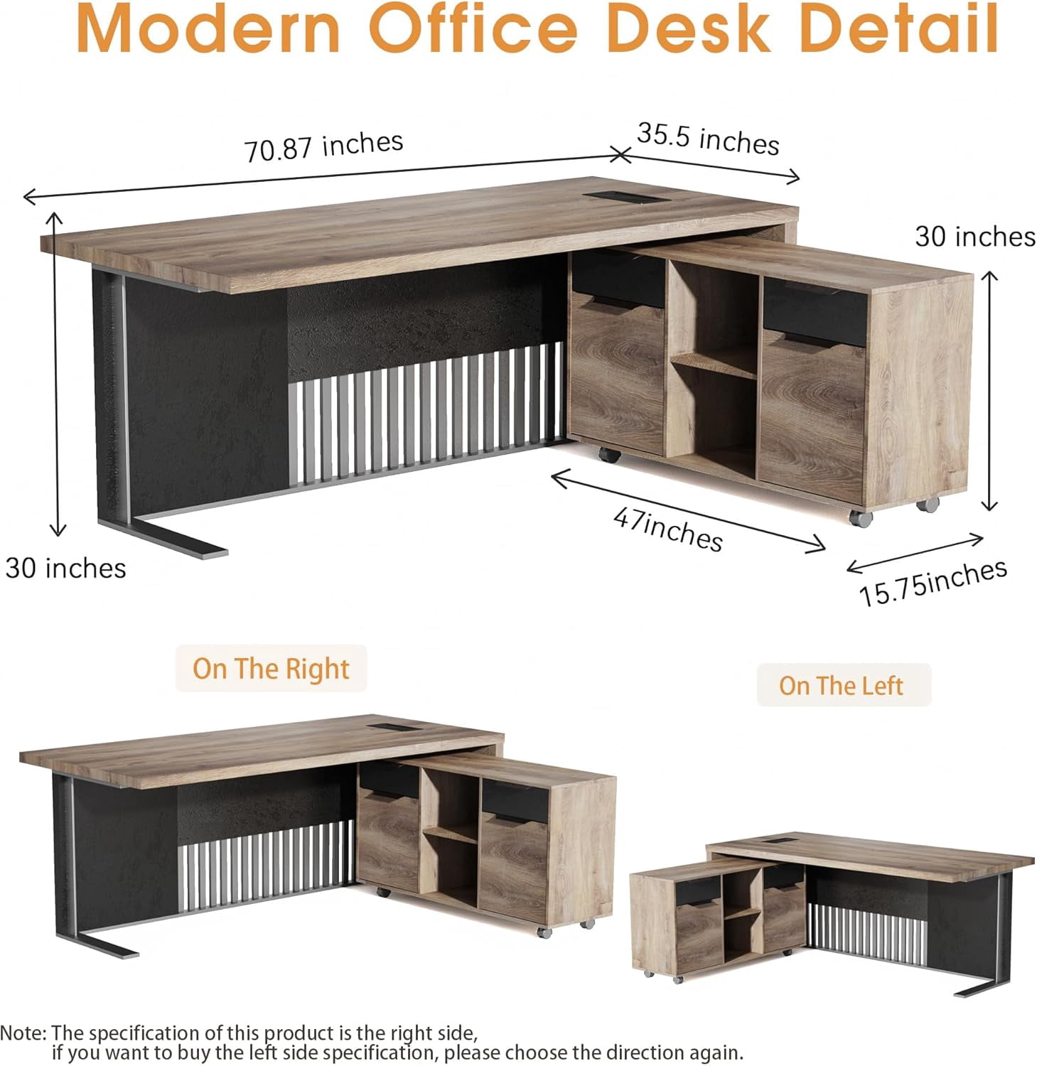 70.87 inch L Shaped Executive Desk with 2 Drawers File Cabinets Storage(Right Return)