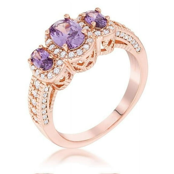 Precious Stars R08738A-C20-05 Precious Stars Rose Goldtone Oval-Cut Purple Cubic Zirconia 3-Stone Halo Ring