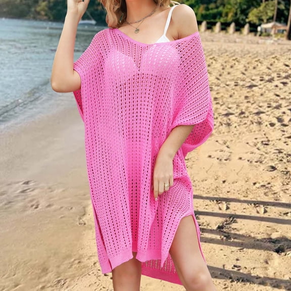 TMOYZQ Women's Swimwear Cover Ups 3/4 Sleeve Bathing Suit Crochet Swimsuit Coverup Mesh Knit Beach Dresses 2025 Vacation Outfits