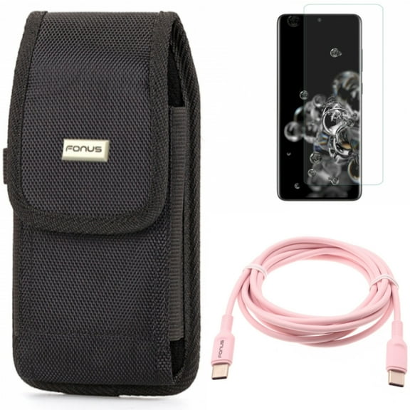 Case Belt Clip w Pink 6ft Long Cable w Screen Protector for Samsung Galaxy S20 Ultra - Swivel Holster Rugged, USB-C to Type-C PD Fast Charger Cord, Tempered Glass [Fingerprint fits Galaxy S20 Ultra