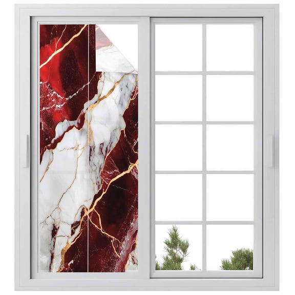 Marble Red Window Privacy Film, Modern Abstract Gold White Brick Stone Motif Static Cling UV Sun Blocking Heat Control Window Tint, Non-Adhesive One Way Windows Privacy Cover 29.5''x78.7''