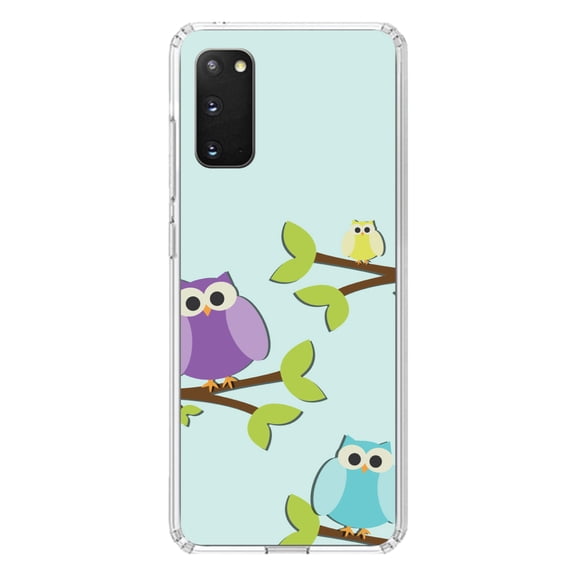 DistinctInk Clear Shockproof Hybrid Case for Galaxy S20 PLUS / 5G (6.7" Screen) - TPU Bumper, Acrylic Back, Tempered Glass Screen Protector - Blue Purple Yellow Owls - Cartoon Owls