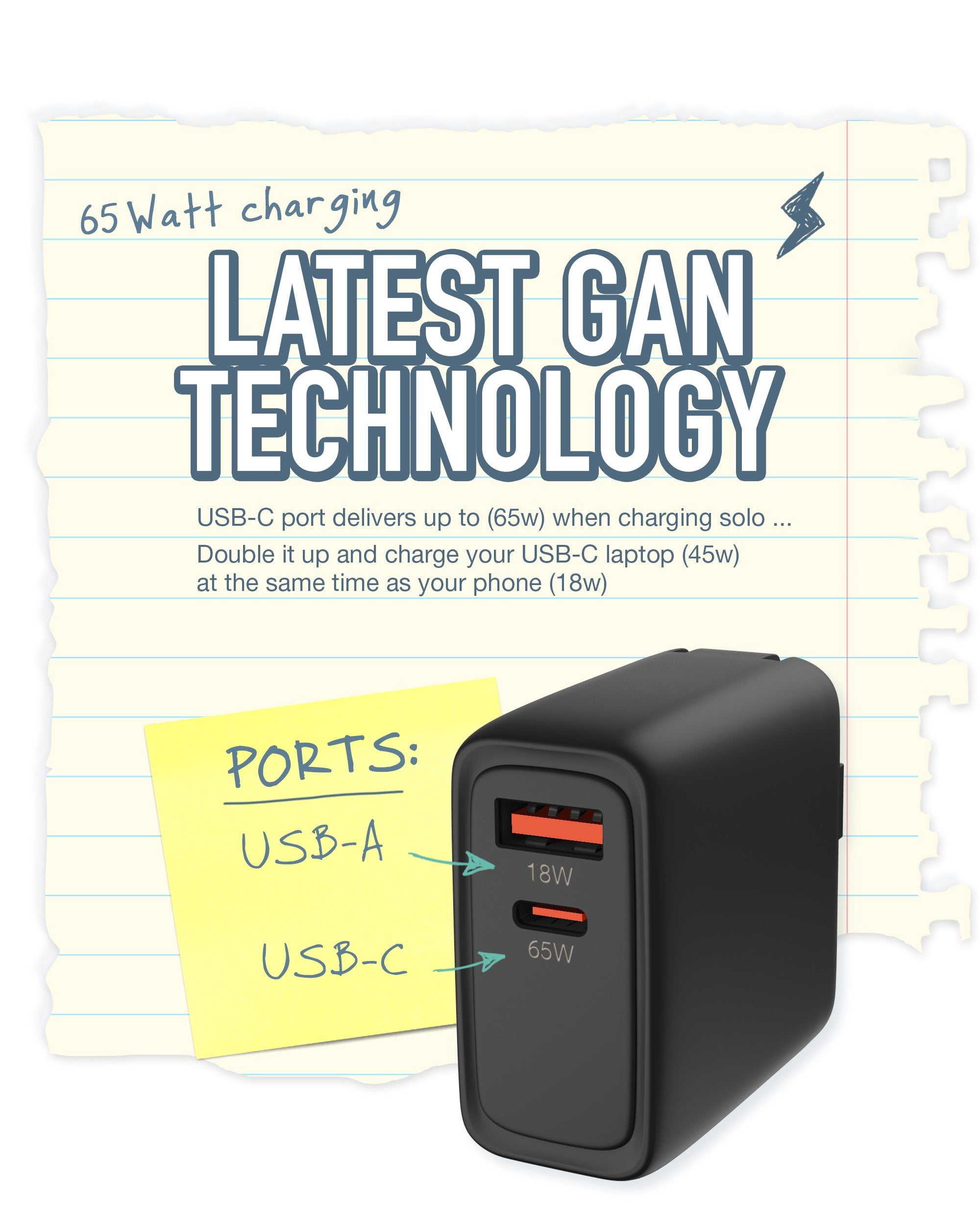 Smartish 2 Port USB-A & USB-C Wall Charger - Charge Shack 65w (45w USB-C + 18w USB-A) Fast Charger Wall Brick for iPhone, Android, Pixel, Laptops and All USB & USB-C Devices - Black Tie Affair