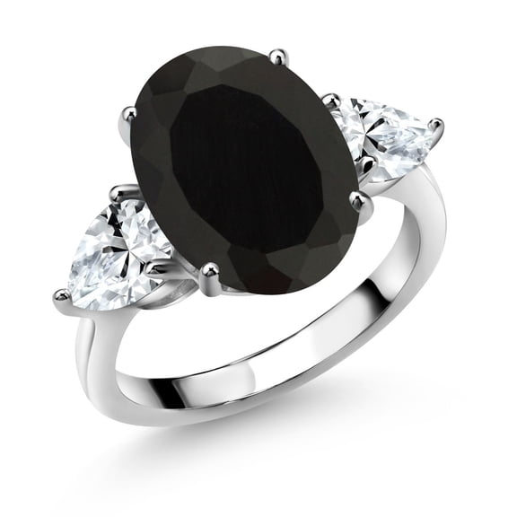 Gem Stone King 7.00 Cttw Black Onyx and White Created Sapphire 3-Stone Ring for Women | 925 Sterling Silver | 14X10MM Oval and 7X5MM Pear Shape | Gemstone Birthstone | Size 5, 6, 7, 8, 9 | Size 7