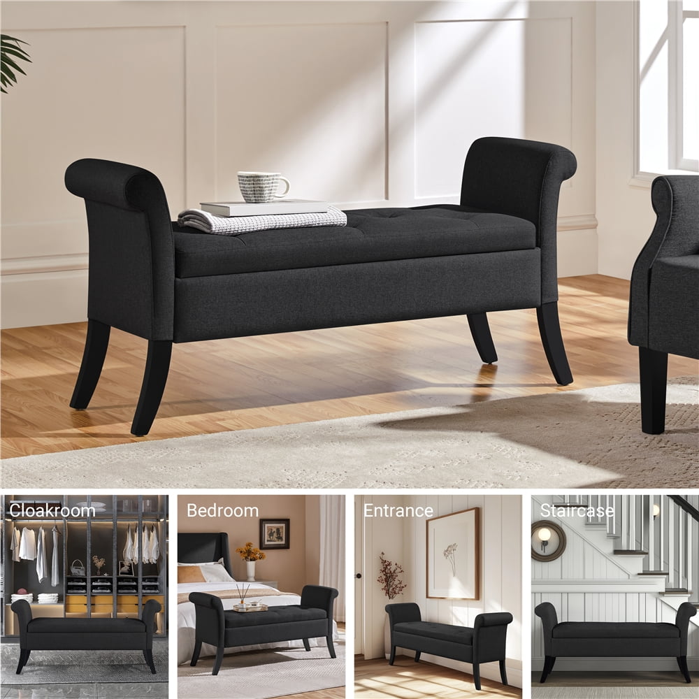 Alden Design Modern Fabric Tufted Storage Bench with Rolled Arms for Home, Black