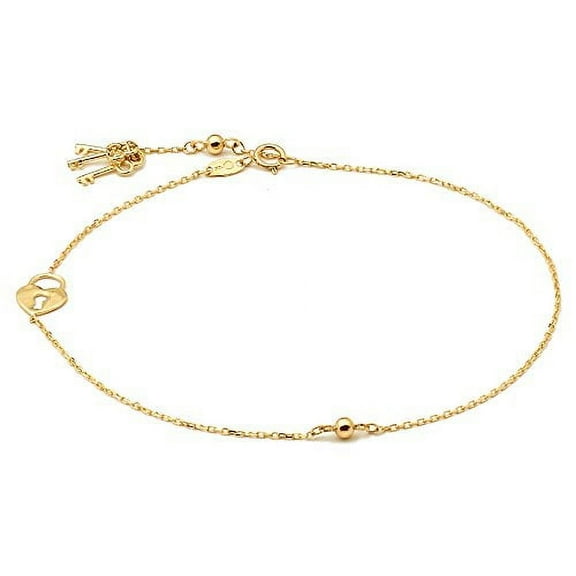 LOVEBLING 10K Yellow Gold .50mm Diamond Cut Rolo Chain with 1 Lock and 3 Key pendants Anklet Adjustable 9" to 10" (#8)